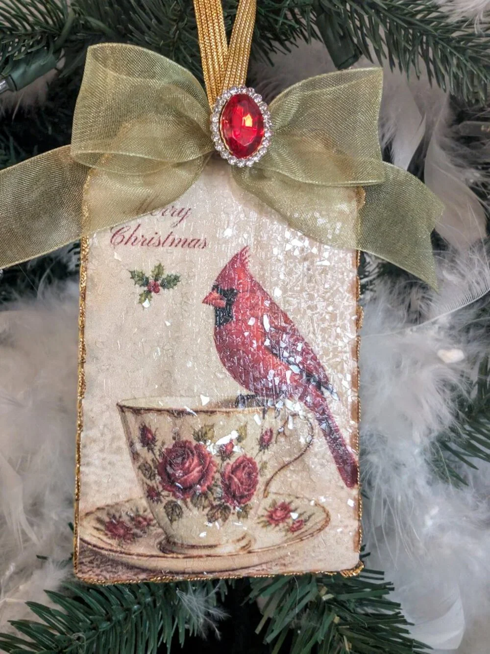 Red Cardinal Bird Glass Glitter Decoupage Christmas Ornament Victorian Shabby